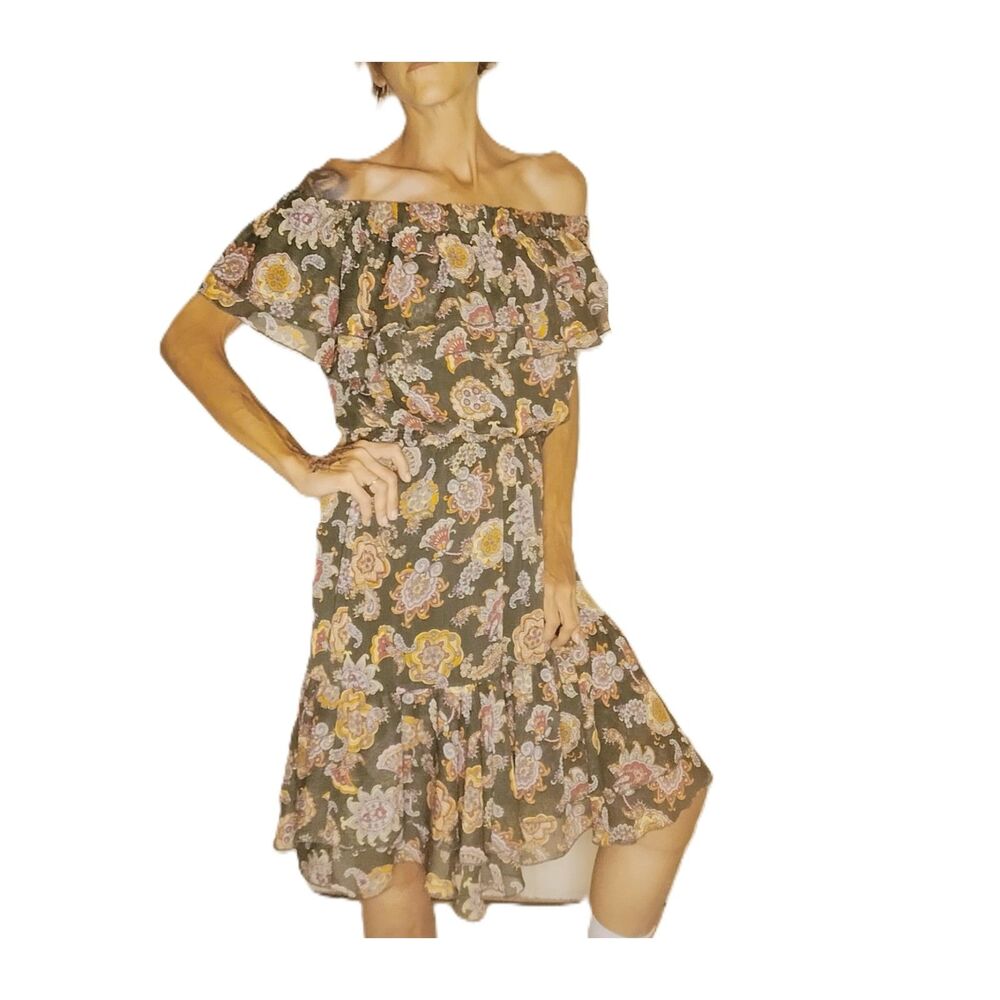 Nanette Boho Forest Green Off Shoulder Tiered Flowy Mini Dress Size 4/Small